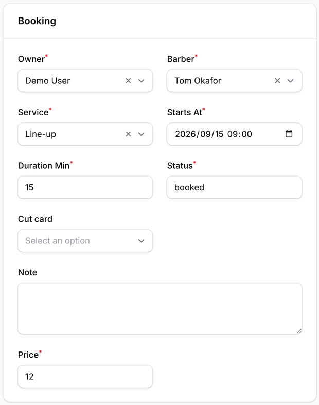 One booking open for editing, with the barber, service and cut card as searchable dropdowns rather than numeric fields.