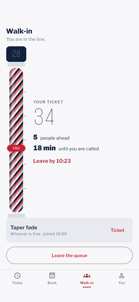 The walk-in tab: a barber pole turning beside a large ticket number, with the people ahead, the wait in minutes and the time to leave the house.