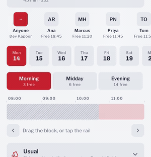 The booking screen: a block the width of a forty-five minute cut is dragged along a stylist's morning, skipping over the hatched hour that is already taken, and the caption underneath updates to each new time.