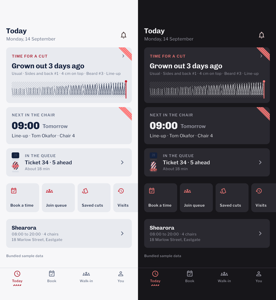 The Today screen in the light theme and the dark theme side by side, with the same content, the same layout and the same brand red in both.